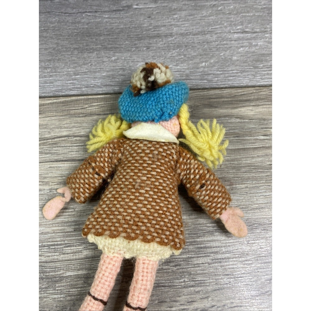Unbranded Vintage Crochet Doll Girl Small Brown Blue Good Handmade Folk Art Toy - Picture 7 of 10